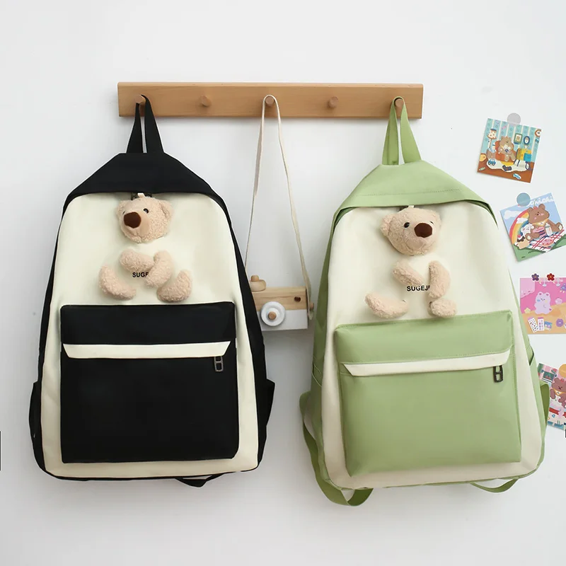 

4Pcs/set Bear Canvas Cute School Bag For Teenagers Girls Student Larger Capacity Women School Backpacks Female Book Bags