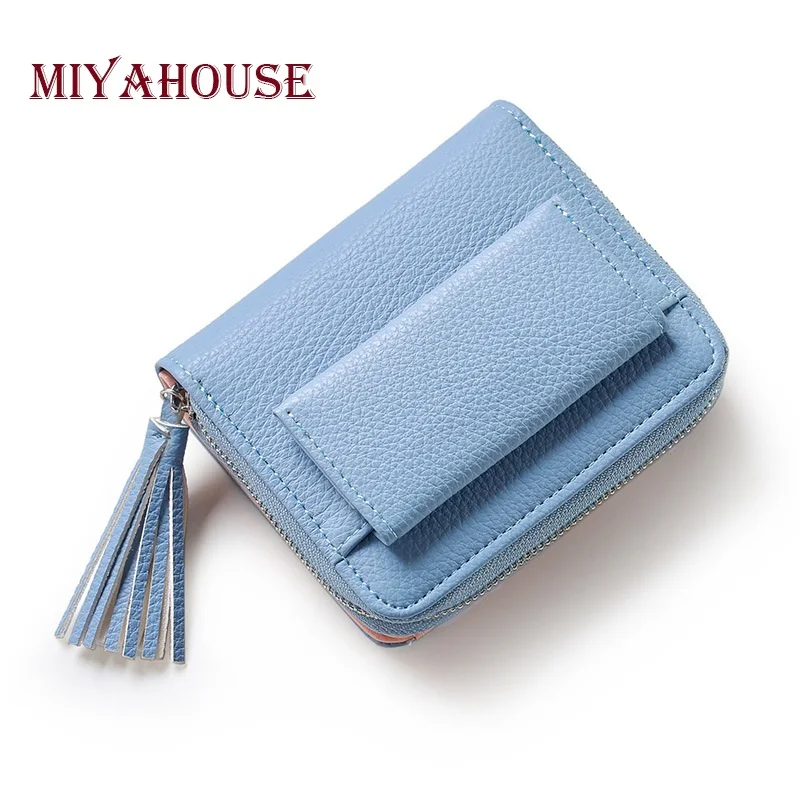 

Sale PU Leather Women Wallets Girls Tassel Solid Color Litchi Pattern Short Purse Small Cute Credit Card Holder For Girls #15