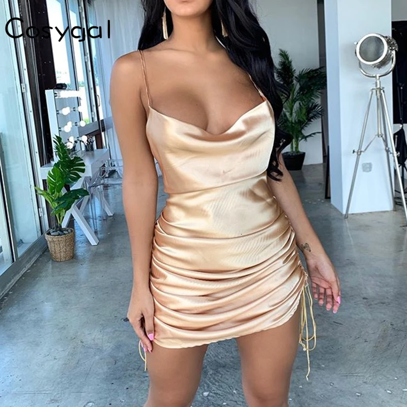 Женское плиссированное платье на завязках COSYGAL Клубное однотонное вечернее мини