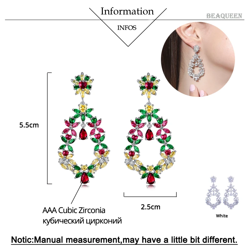 Женские богемные серьги BeaQueen большие длинные подвески с разноцветным кубическим