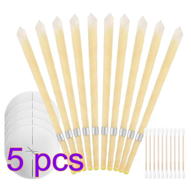 

5set Beeswax Ear Candles Set Safety Protective Ear Wax Removal Hollow Cone Candles With Trays And Cotton Swabs