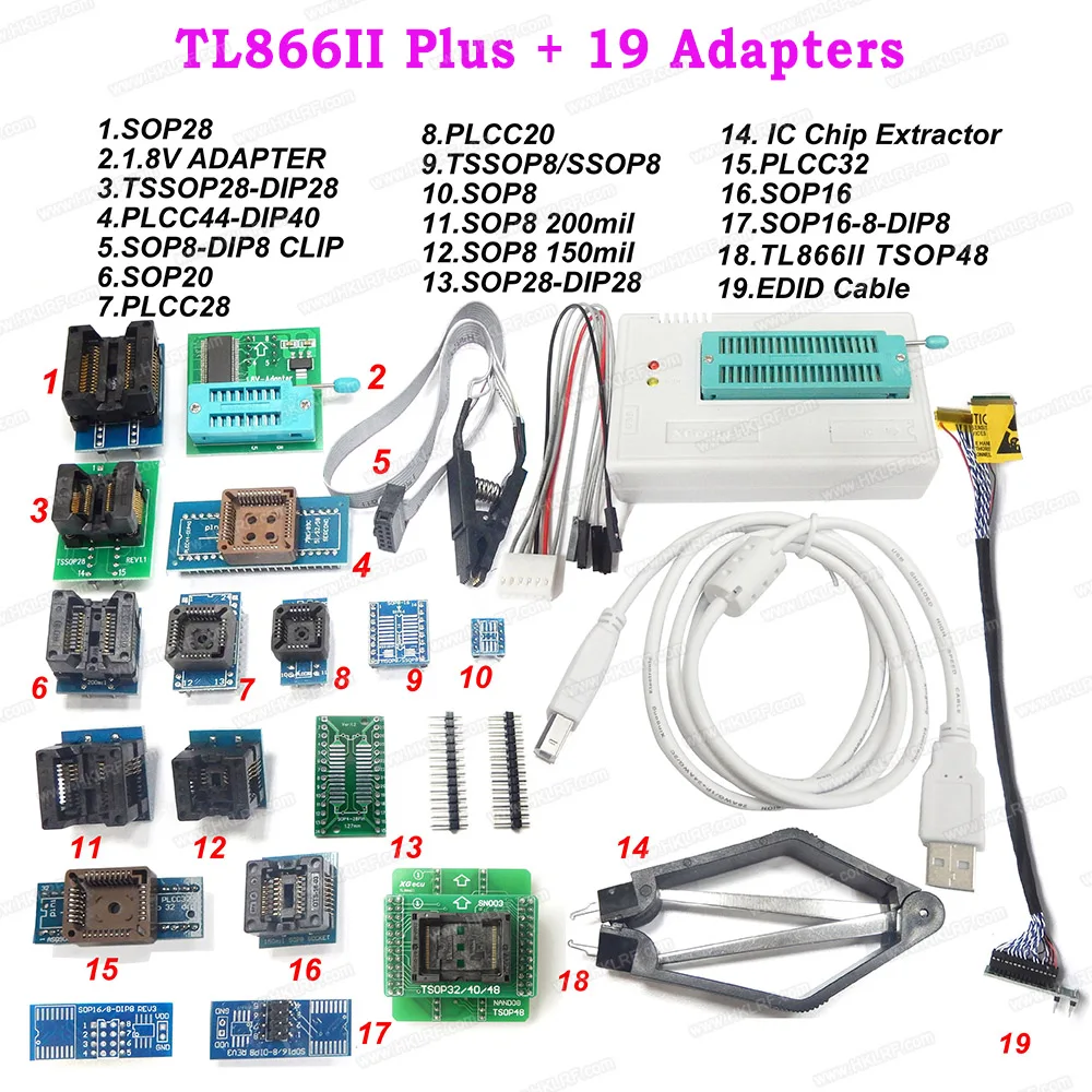 Универсальный USB программатор Minipro TL866II PLUS с 19 адаптерами лучше чем TL866A