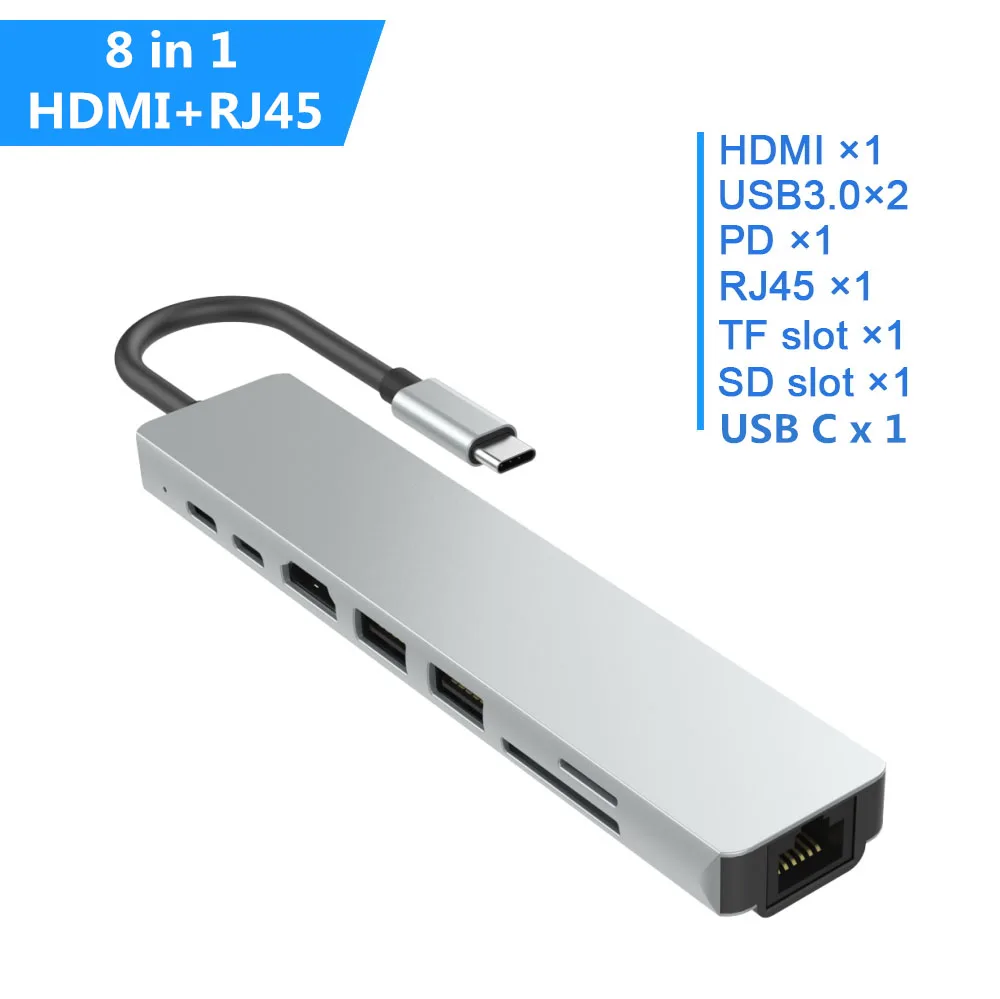 8in1 USB c концентратор thunderbolt 3 Тип c к HDMI 4 к UHD 87 Вт PD Быстрая зарядка USB3.0 концентратор 1000 Мбит/с конвертер передачи Тип c адаптер - Цвет: 8in1