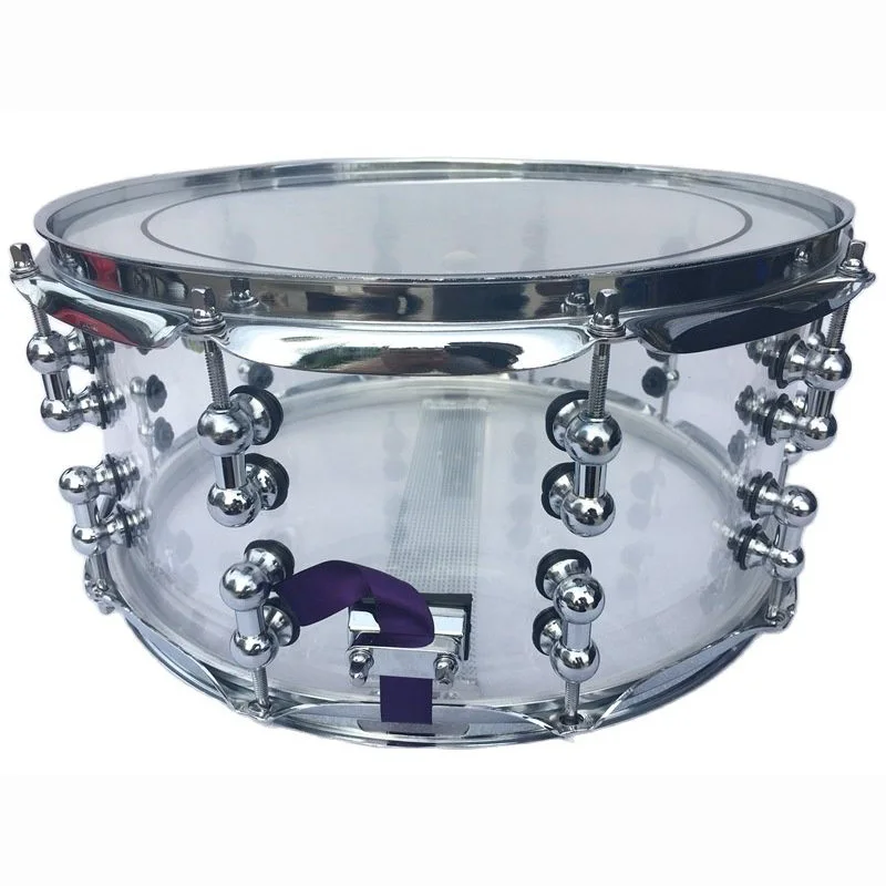 

14 Inch Diameter 6.5 Inch Depth Acrylic Snare Drum Transparent with Silver Color 2mm Iron Hoop and Metal One Side Drum Lug