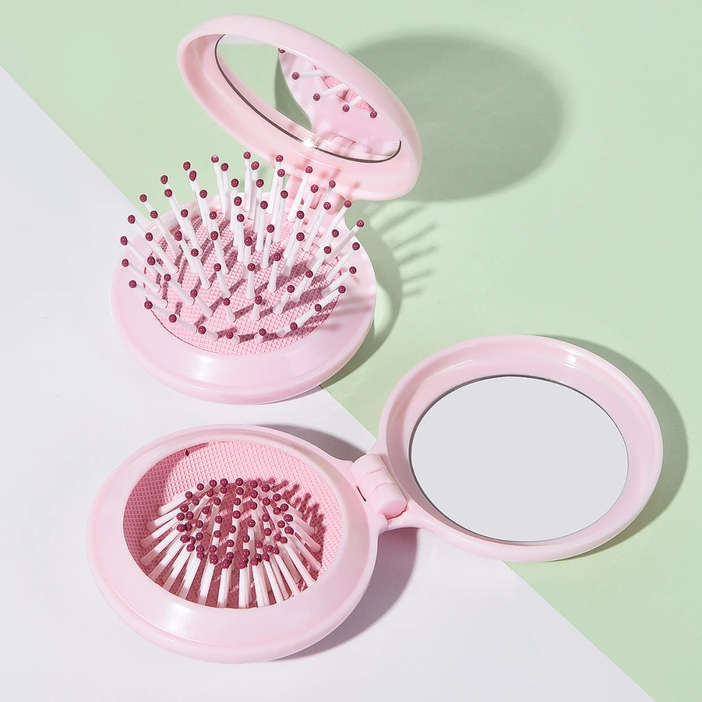 

1Pcs Portable Round Mirror Hair Comb Folding Massage Hair Brush Pink Mini Airbag Comb Travel Hair Brush Make Up Massage Brush
