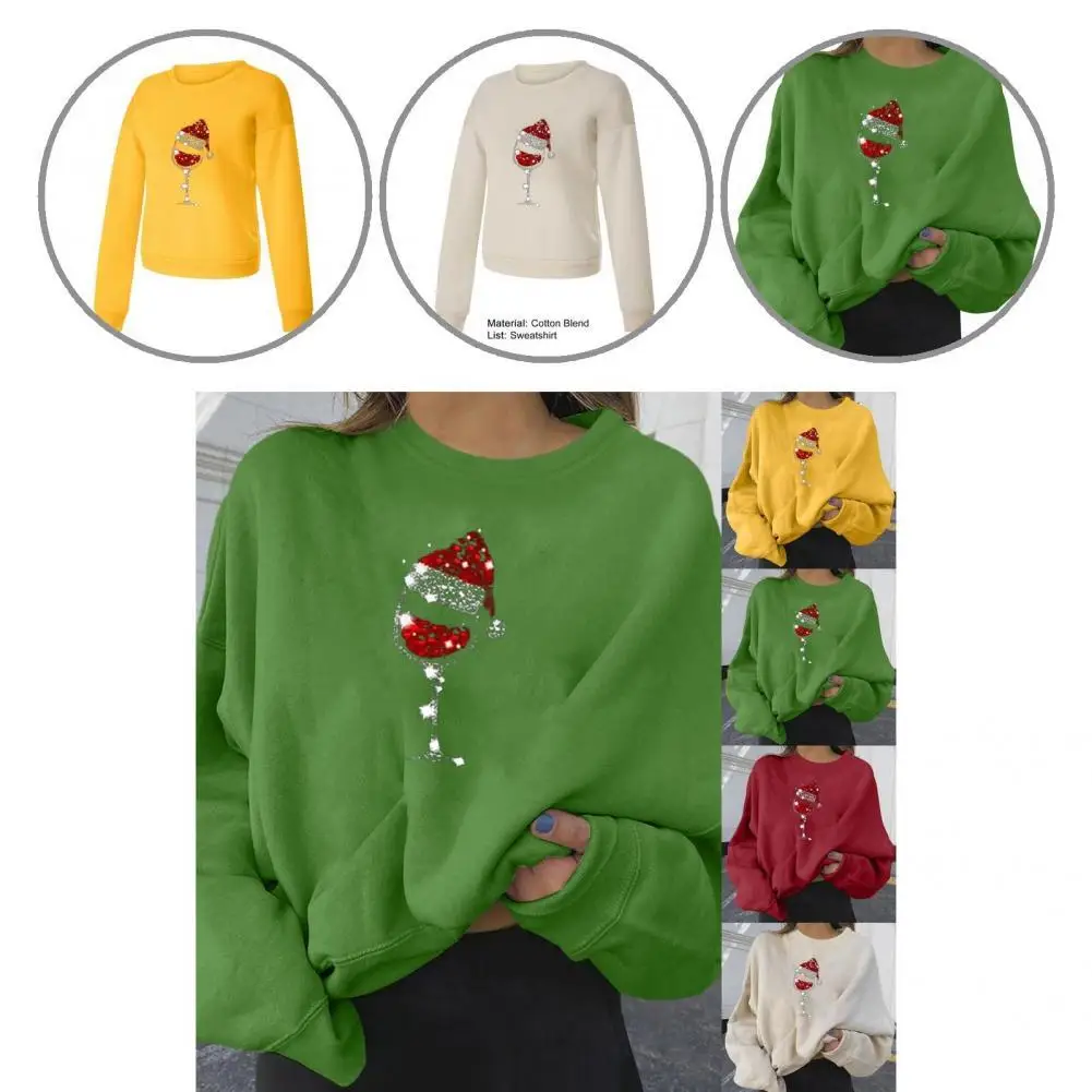 

Classic Wine Cup Print Xmas Pullover Women Sweatshirt Fleece Lined Loose