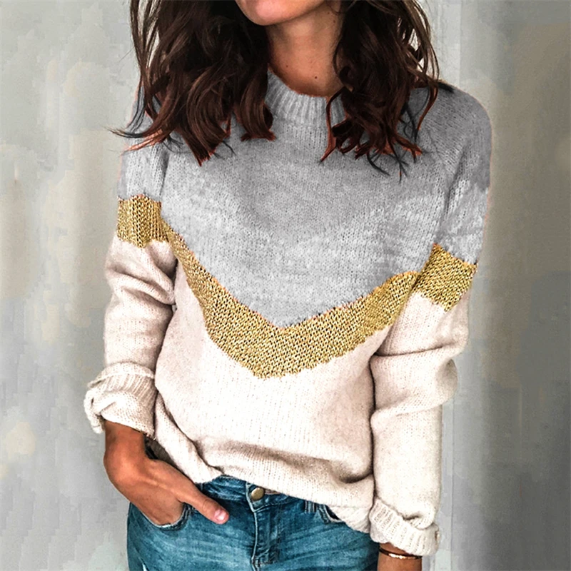 

Women Round Neck Streetwear Knitted Striped Ladies Sweater Elegant Jumper Long Sleeve O-neck Pullover Tops Autumn Sweaters New