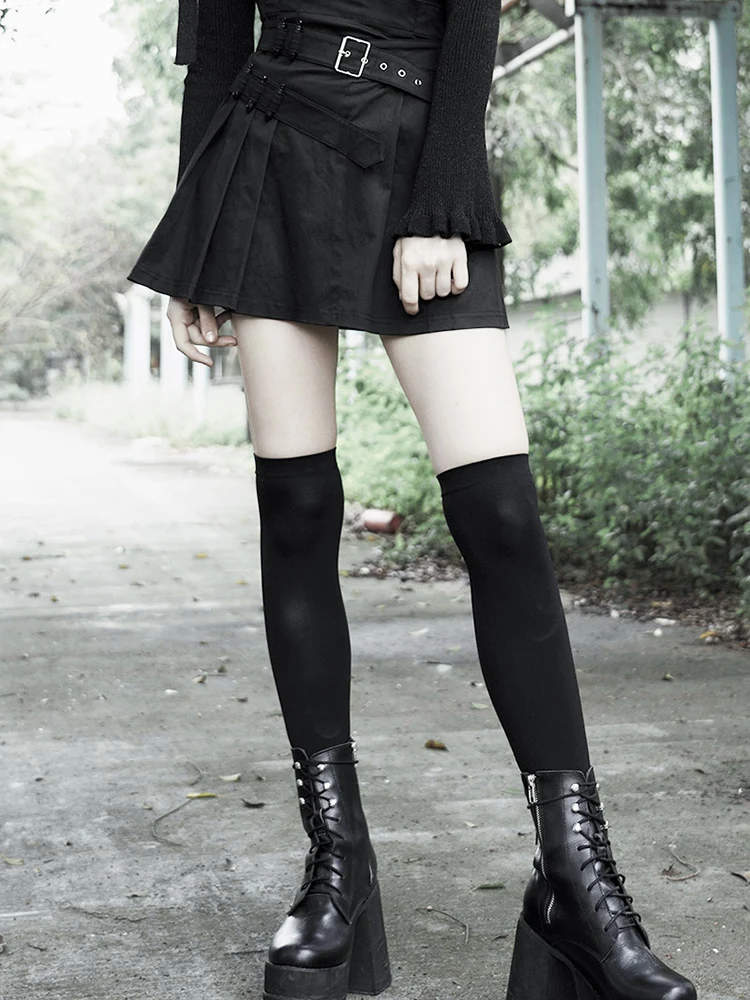 Панк рейв Женская стимпанк Высокая талия черная плиссированная юбка PQ-625