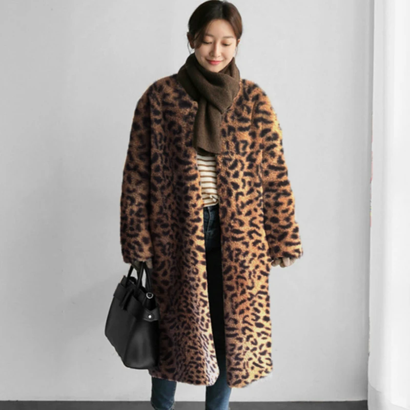 Leopard Пальто с искусственным мехом Для женщин осень-зима элегантная длинная норка мех пальто обувь с плюшевой подкладкой, женский плащ - Цвет: Leopard