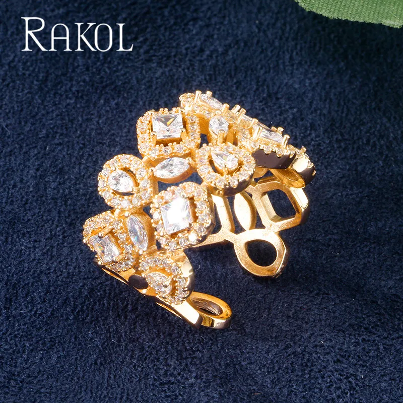 Gold Color RAKOL Одежда высшего качества кубический циркон женские открытые кольца для Для женщин Роскошные свадебные украшения на свадьбу, годовщину подарок аксессуары RR21118 - Цвет основного камня: Gold Color