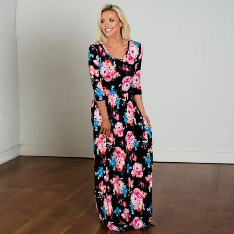 Длинное платье Мама и я Семейные пляжные платья с длинными рукавами цветочным