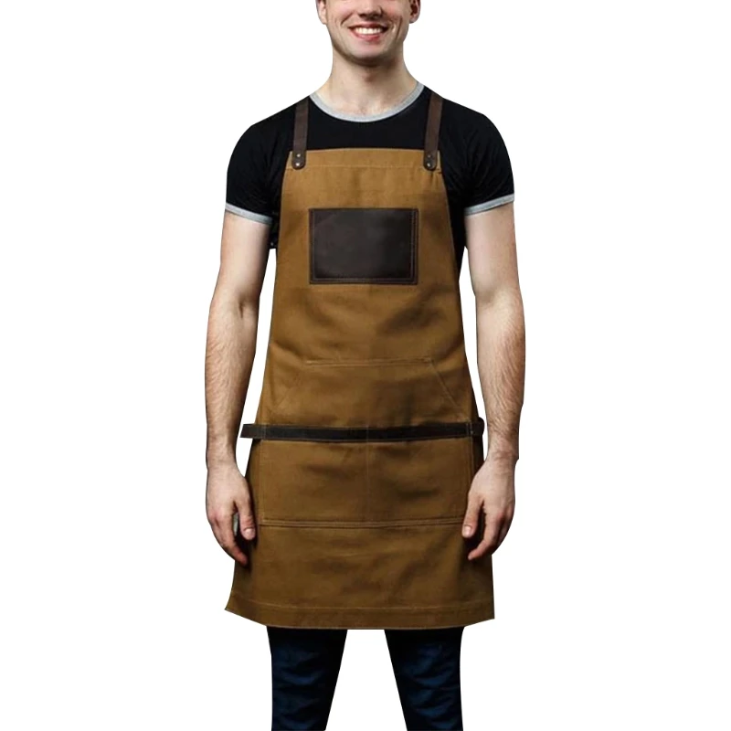

066E Heavy Duty Canvas Work Apron with Pockets Adjustable Cross-Back Straps Apron Bib for Men and Women Gardening Restaurant