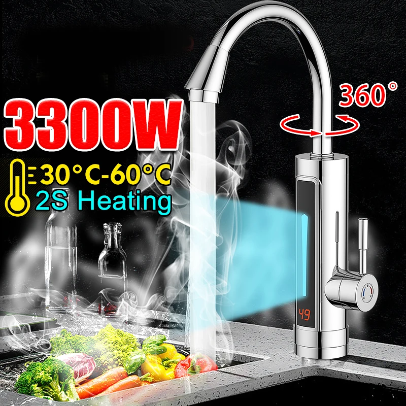 

3300W Instant Electric Faucet 220V Hot Water Heater Stainless Steel LED Ambient Light Temperature Display Tap Bathroom Kitchen