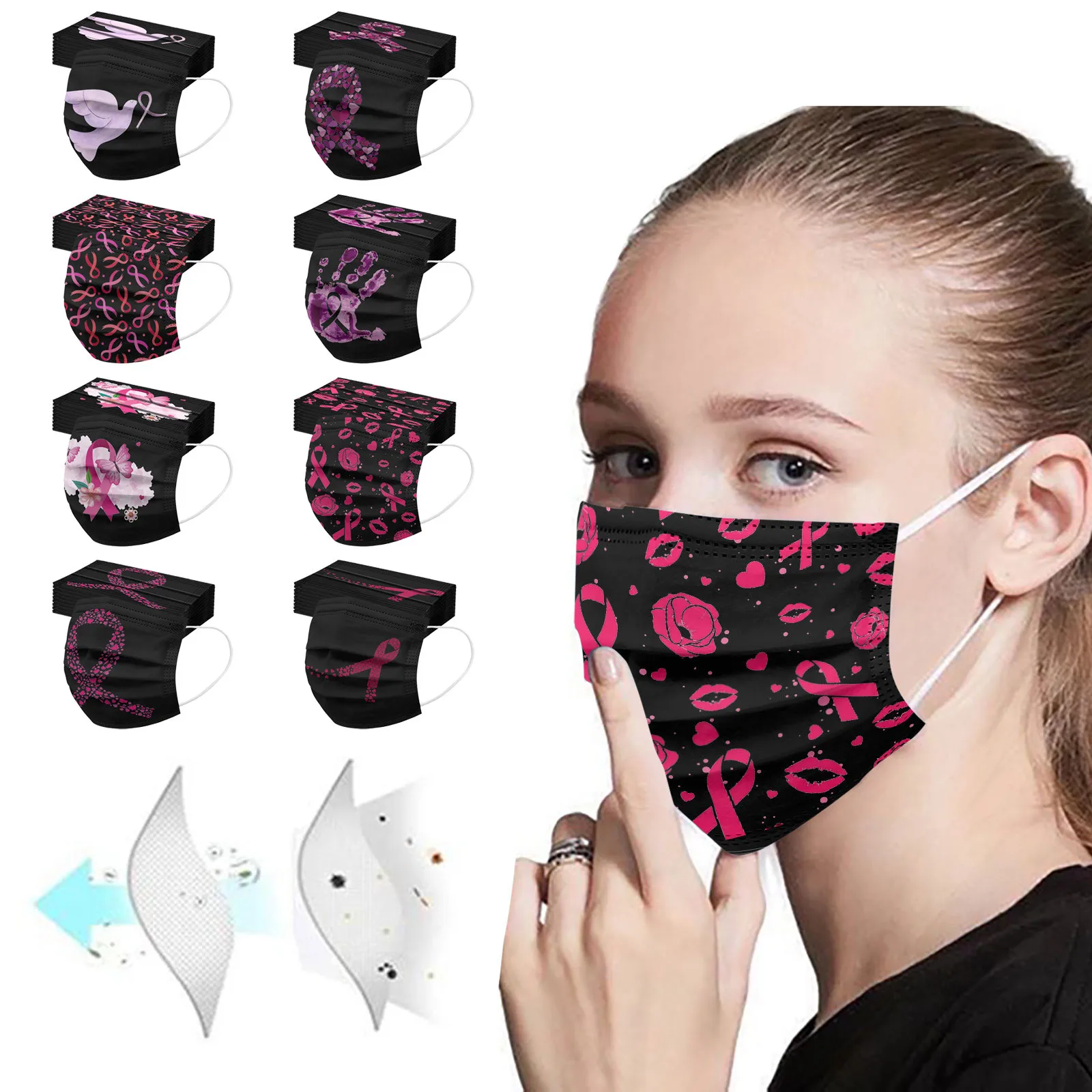 

50PCS Pink Ribbon Printed Disposable Face Masks Three Layer Protection Breast Cancer Awareness Cosplay Masks Mascarillas A40