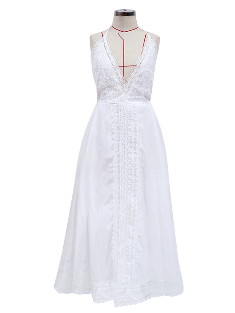Honeymoon Deep V Neck Beach Dress White Coverup Backless Womens Tunic Long Dress Beach Bathing Suit Cover Ups Bride Swimsuits