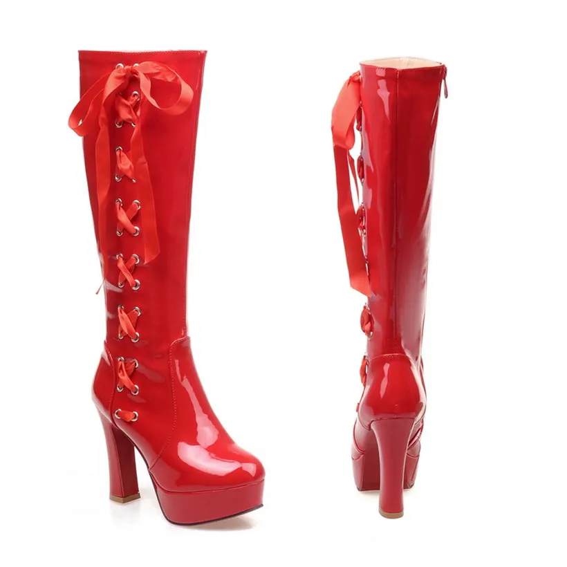Женские лакированные сапоги до колена красные из лакированной кожи на платформе