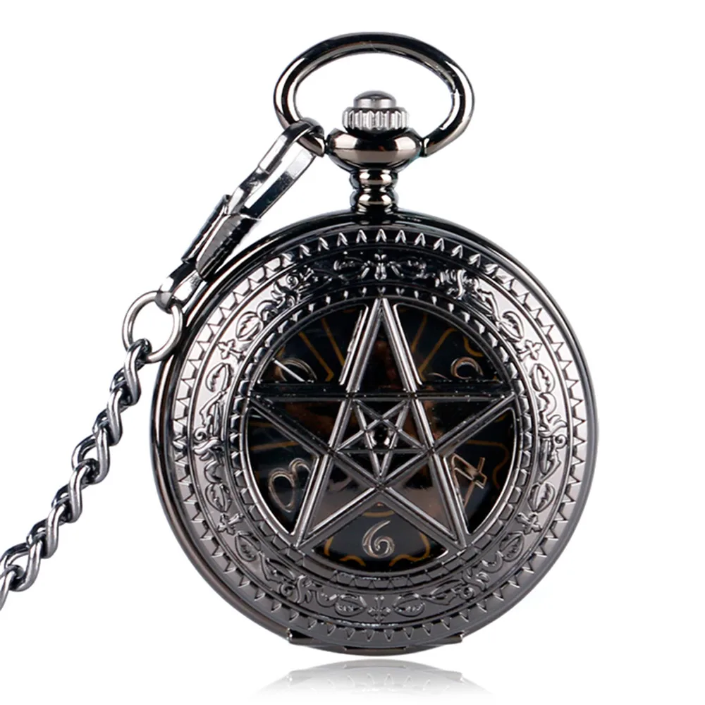

Black Five-pointed Stars Display Mechanical Hand-Wind Pocket Watch Arabic Numerals Dial Pendant Manual Mechanism Pocket Clock