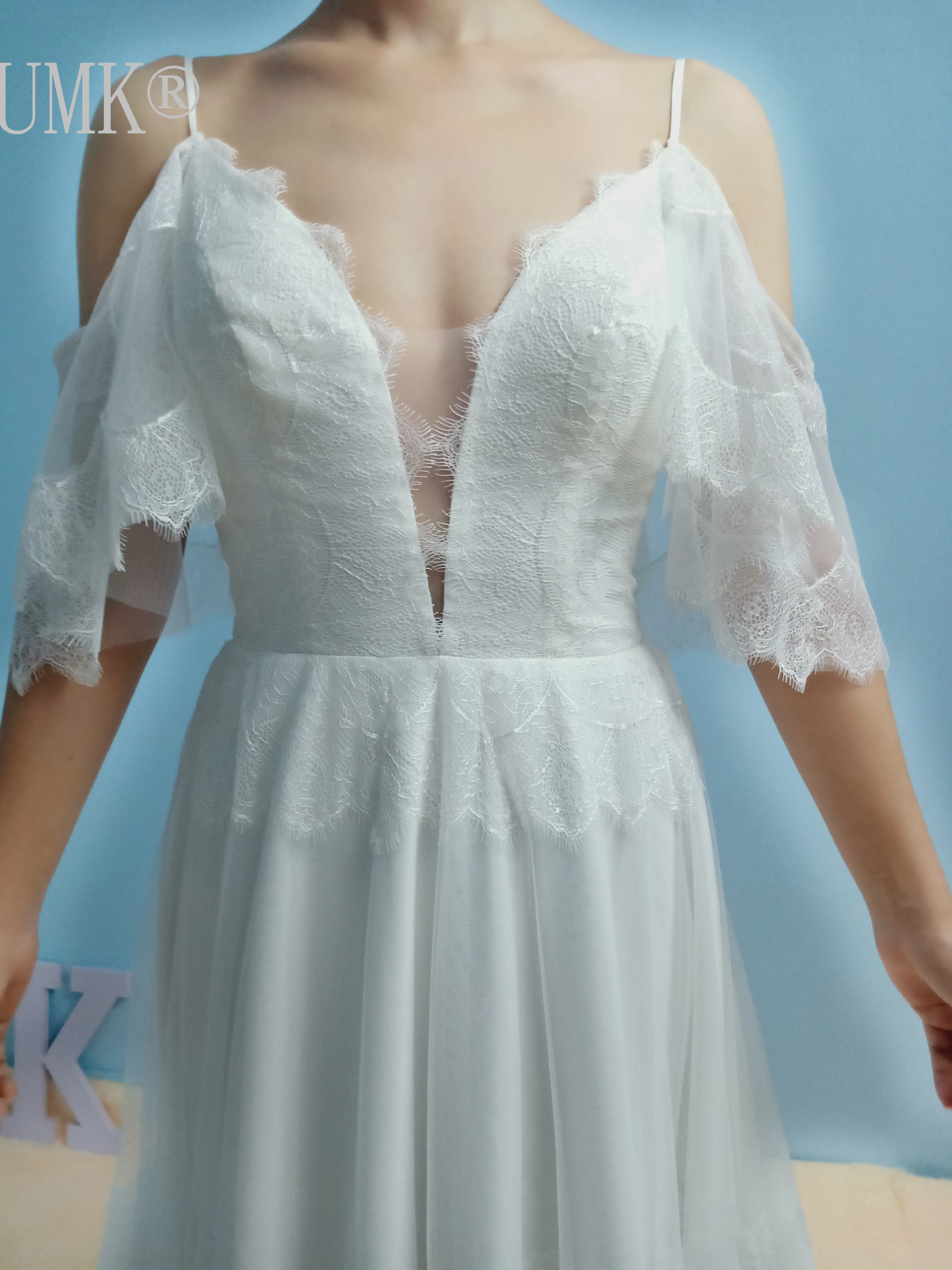 UMK Sexy Backless Lace-up Boho Wedding Dress V Neck Spaghetti straps Ruffles Sleeve A-Line Lace Bridal Gowns | Свадьбы и торжества
