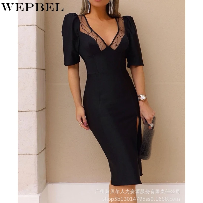 

WEPBEL Dress Women's Lace Mesh See-through Patchwork Slit Dress Autumn Short Sleeve V-neck High Waist Solid Color Slim Dress
