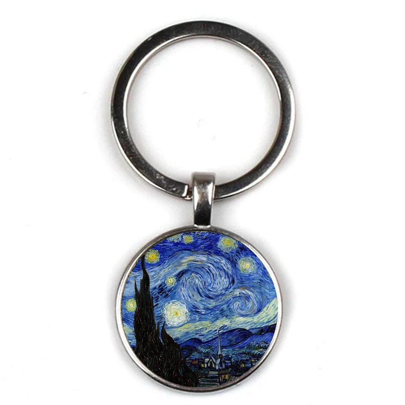 

Vintage Van Gogh Painting Pendant KeyChain Moon Night Street Landscape Pattern Sunflower Keyring Man Woman Handmade Key Chain