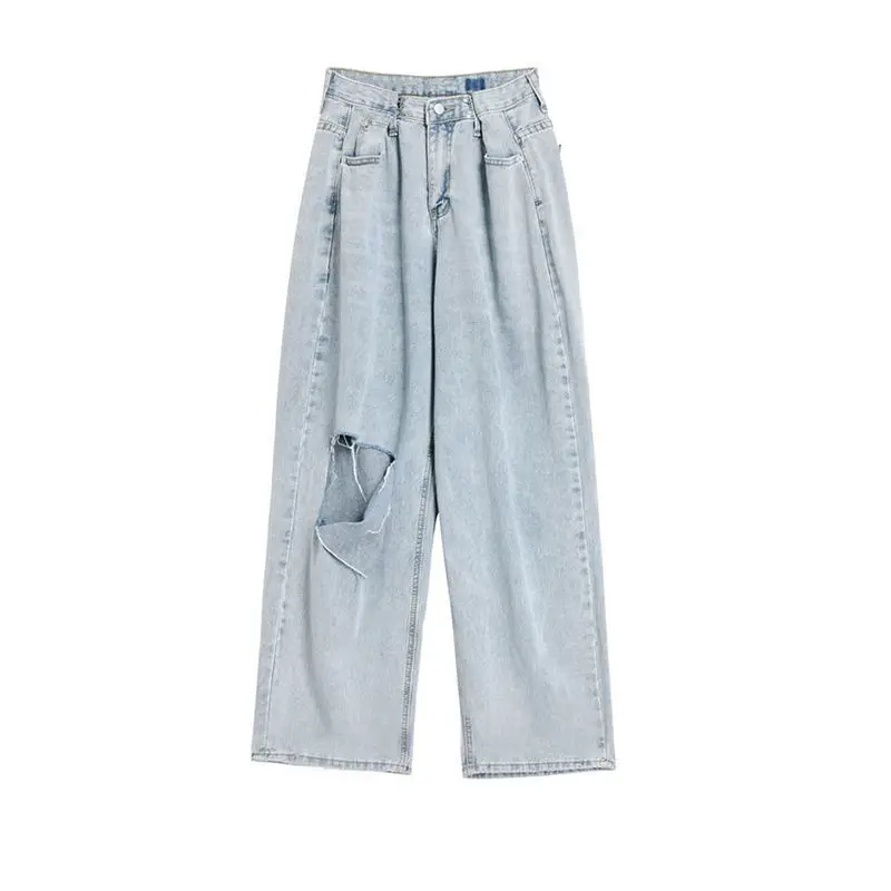 

High waist and wide leg jeans women's straight tube loose and thin summer thin fall feeling mop pants