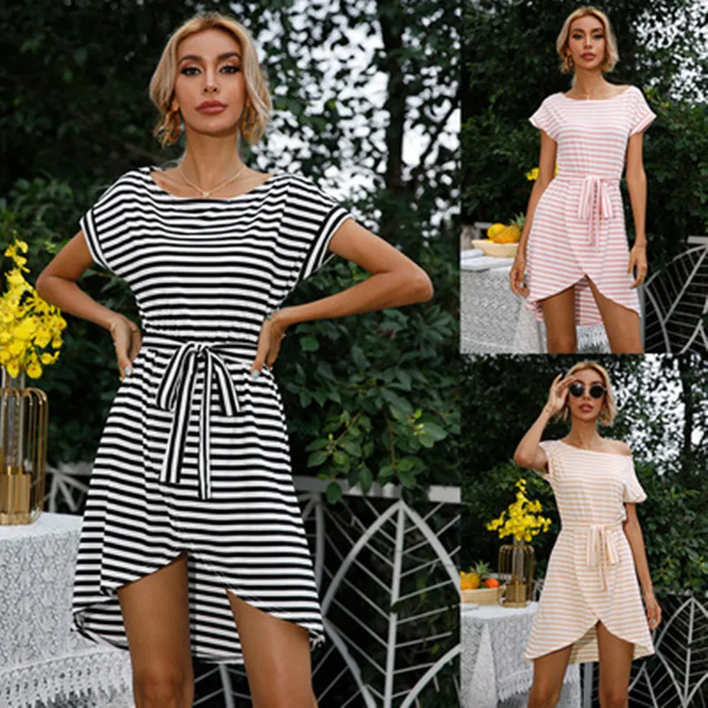 

2021 New Summer Knit Mini Dress Casual Short Sleeve O-Neck Striped Print Dress Women Slim Bandage Irregular Dress Lady Vestidos