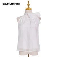 ecrurani patchwork bow solid shirt for women stand collar sleeveless perspective white shirts female new clothing 2021 summer