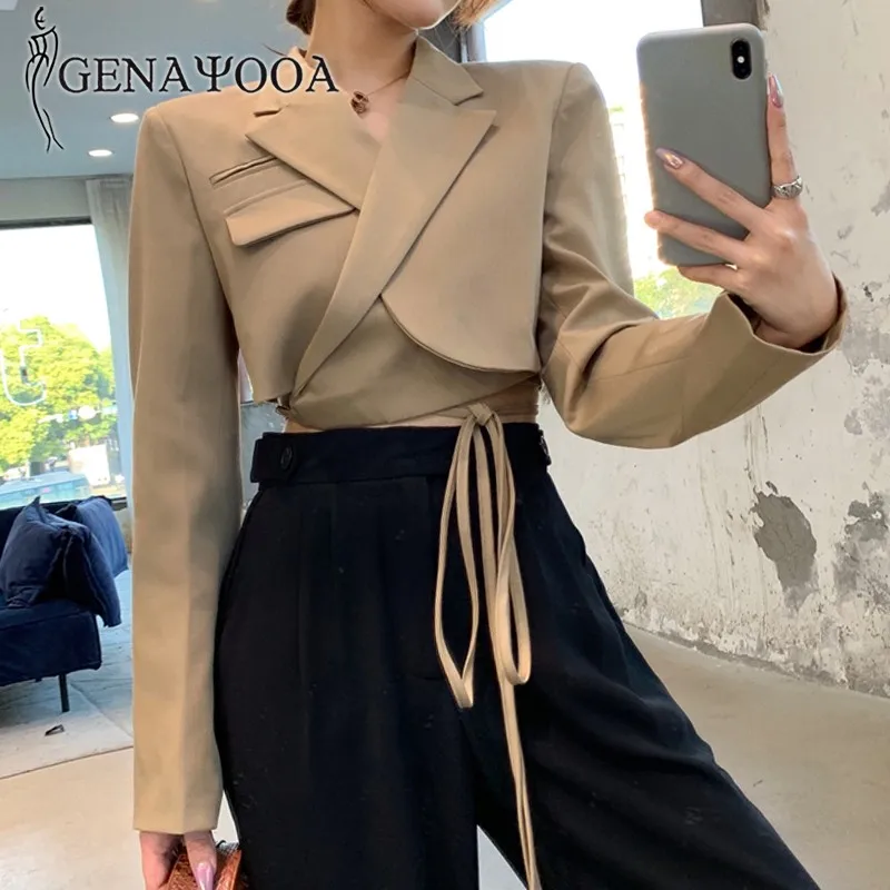 

Genayooa 2020 Autumn Women Blazer Coat Long Sleeve Lace Up Crop Tops Khaki Women Blazers Korean Style Fashion Clothes
