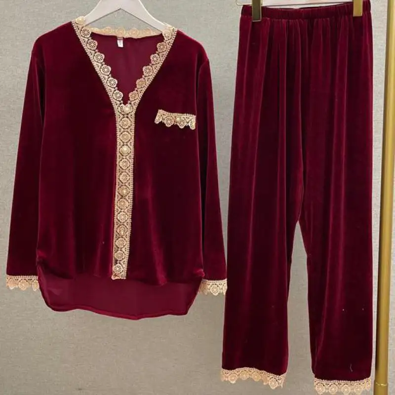 

Women Autumn Pajamas Set Lace Trim 2PCS Sleepwear Sexy V-neck Shirt&Pants Velvet Trousers Suit Femme Sleep Set Pijamas Suit