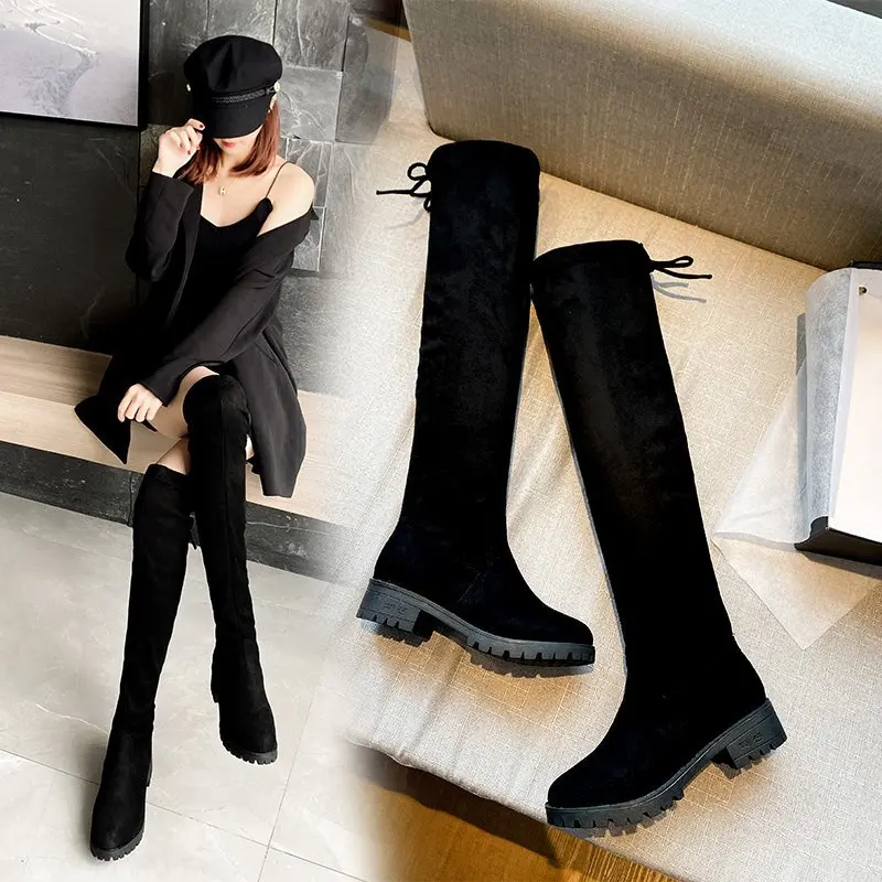 

2021 Зимние Сапоги выше колена женские сапоги на плоской подошве женские теплые новые бархатные тонкие длинные женские сапоги трендовые