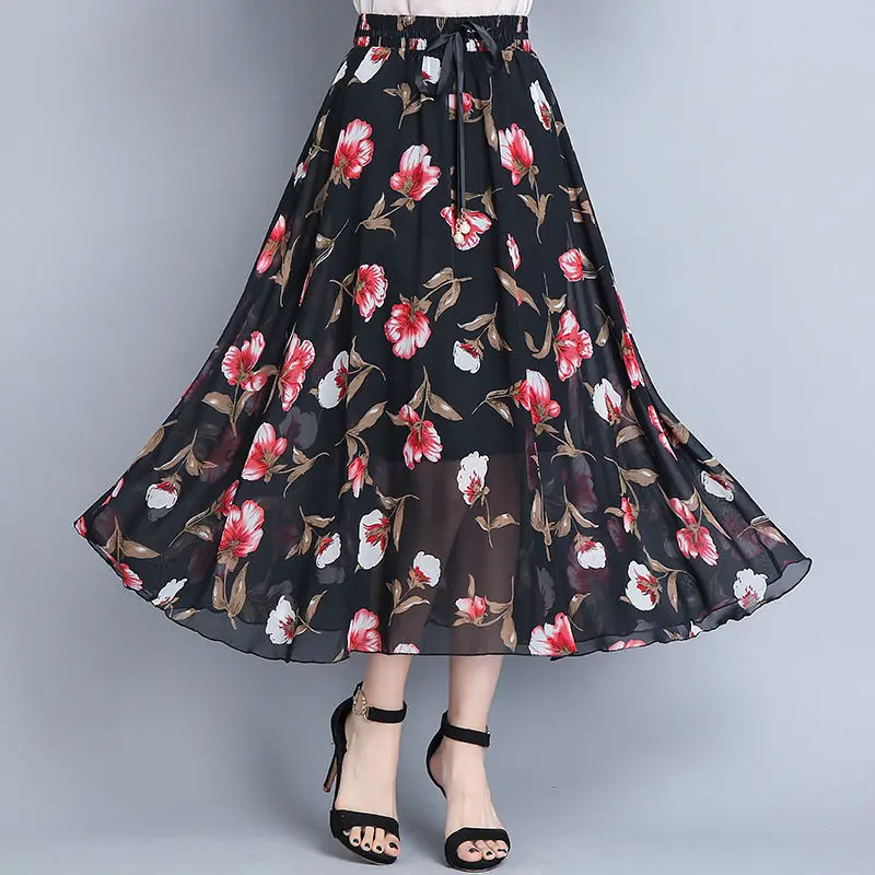 Летняя женская шифоновая юбка трапециевидной формы с цветочным принтом