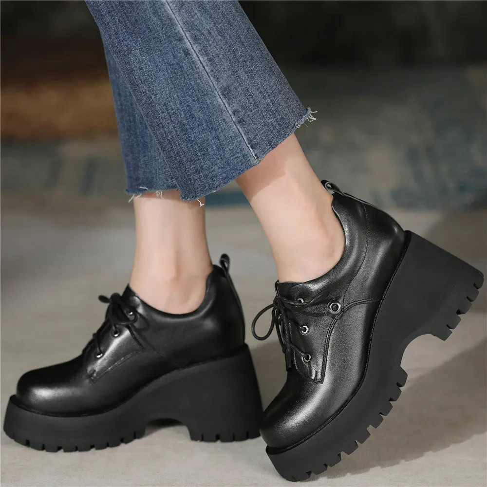 Platform Pumps Shoes Women Lace Up Genuine Leather Chunky High Heels Ankle Boots Female Round Toe Punk Creepers Casual Shoes