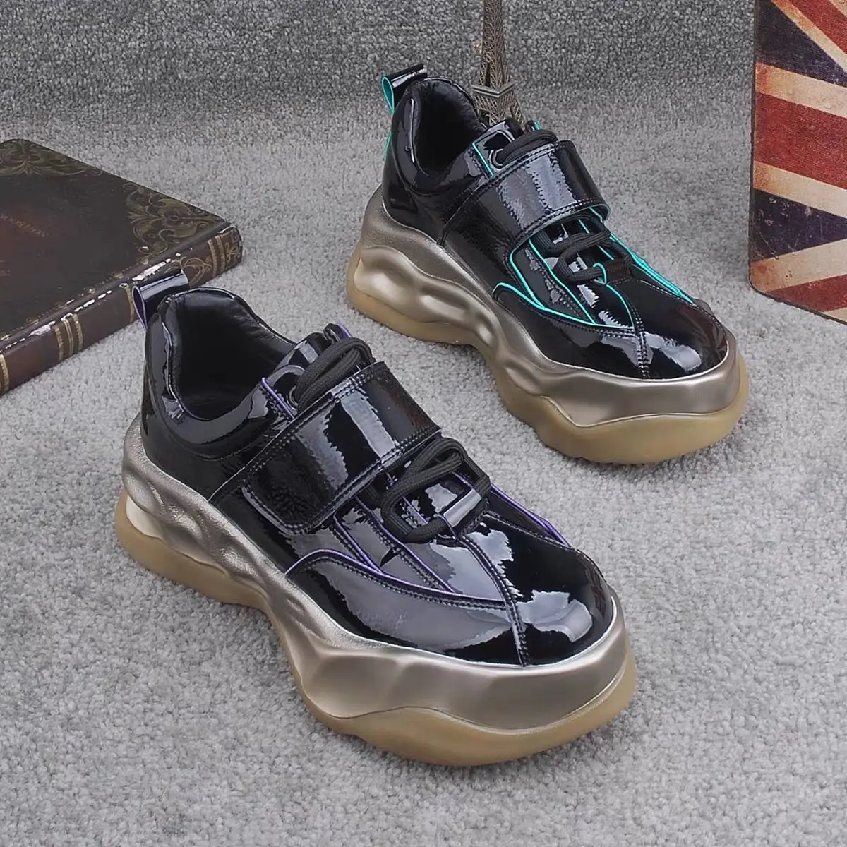 

Fashion Mix Color Platform Sneakers Spring Black Daddy Sports Patent Leather Shoes Womens Free Comfort Leisure Chunky Dad Shoes