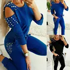Модный женский спортивный костюм из 2 предметов, женские пикантные топы с открытыми плечами и бисером, спортивные штаны, спортивный костюм, комплект черного и синего цветов