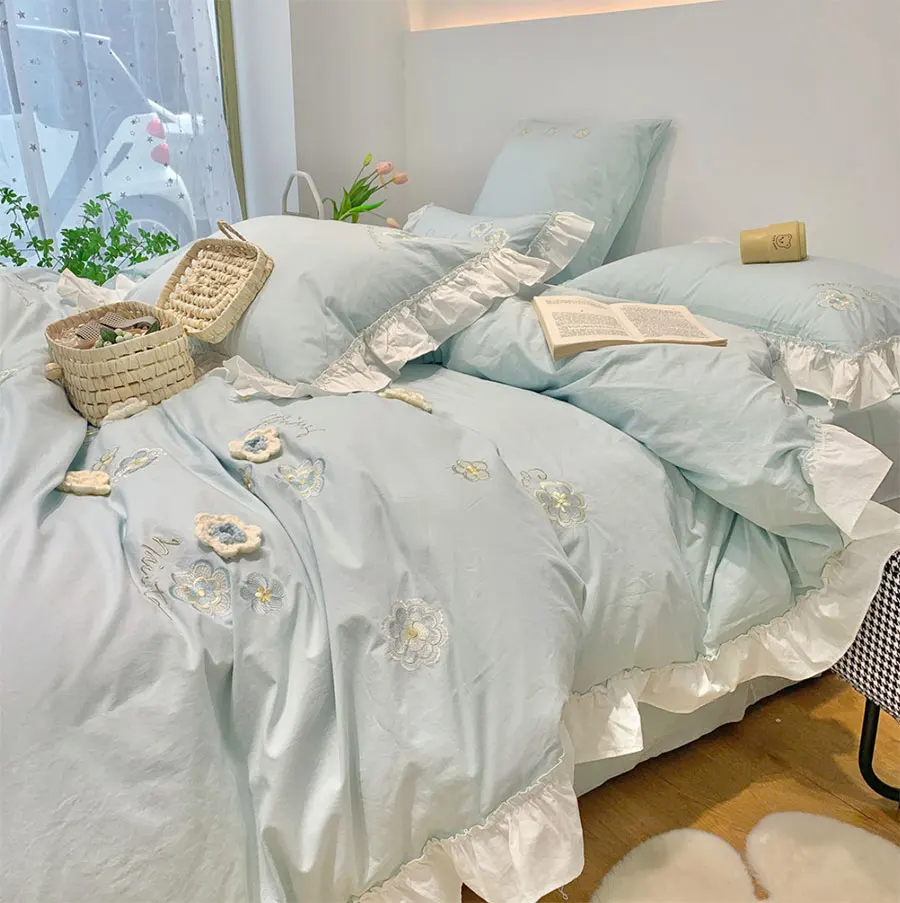 

Romantic elegant embroidery flower bedding set,full queen king blue yellow floral home textile bed sheet pillow case duvet cover