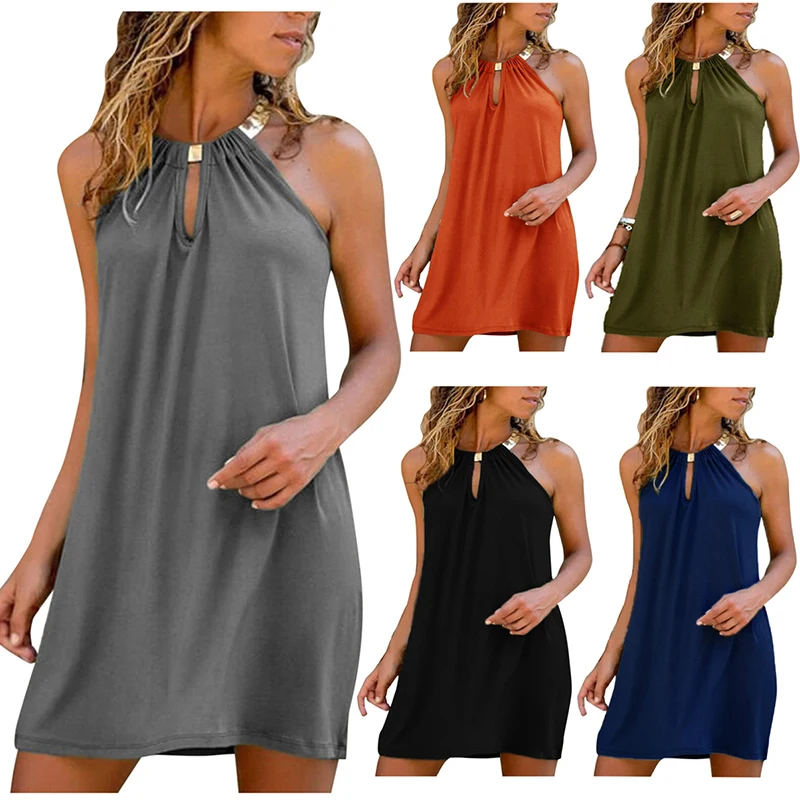

Ladies Solid Color Metal Round Neck Halter Neck Sleeveless Summer Dress Casual Fashion New Slim Hot Sale Dress New Style