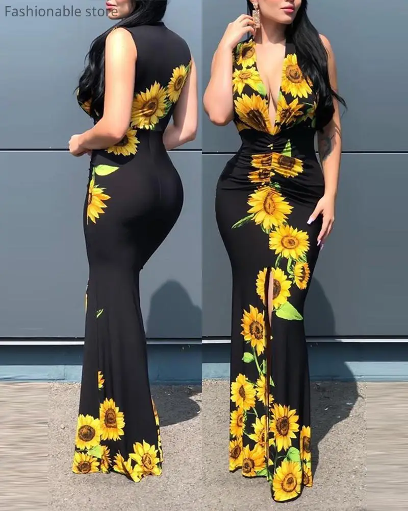 Women's Sleeveless Plunge Bodycon Mermaid Dress - Sexy Sunflower Print, High Waist, Deep V Slit Maxi Dress image 3
