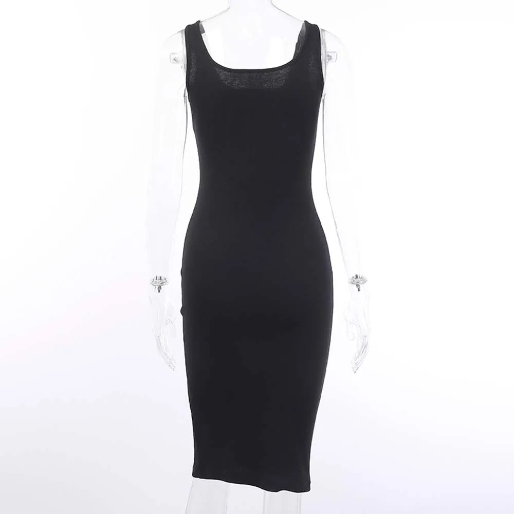 

Women Fashion Knee-Length Dress Knitted Elastic Sleeveless Bodycon elegant Women Summer Sexy V-Neck Button Party Slim Dresses