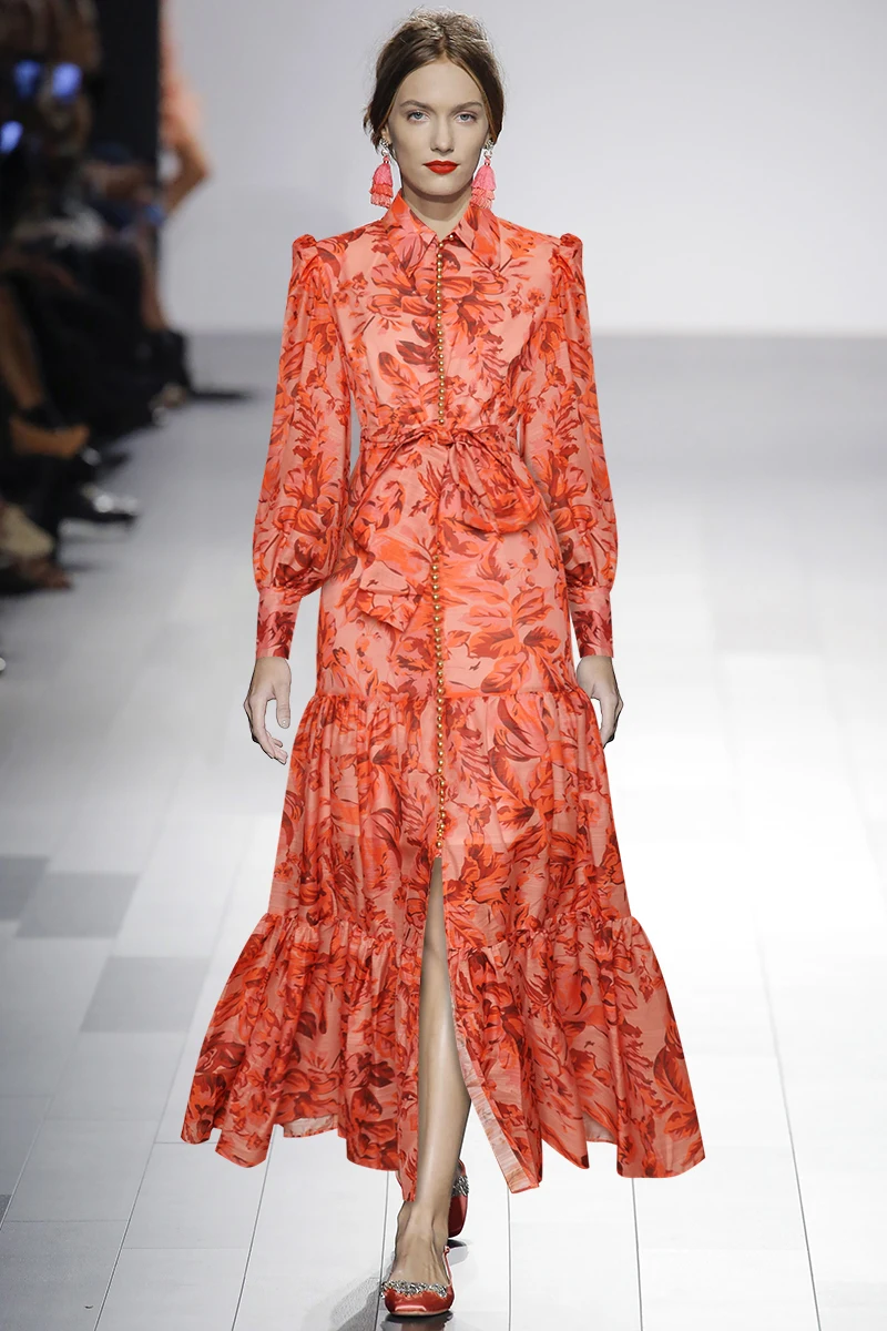 

DEAT 2021 new summer and autumn fashion women clothes stand collar lantern sleeves single breasted waist blet long dress WR40003