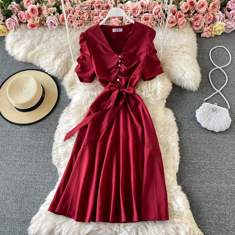 

Female Temperament 2021 New Spring Summer Chic Dress Bandage V Neck High Waist Solid Casual Puff Sleeve Ladies Dress