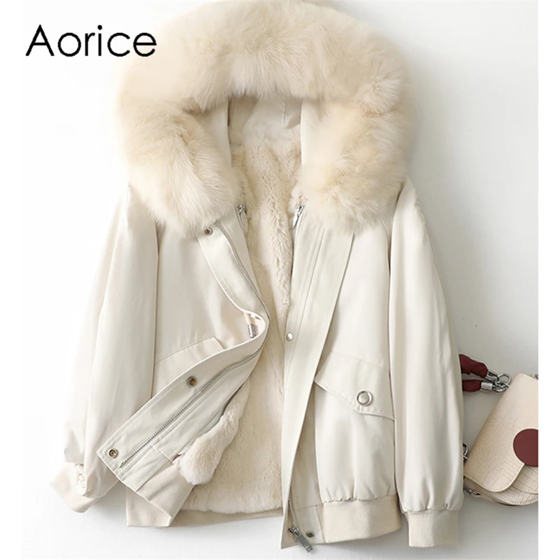 

Aorice Women Real Fox Fur Collar Coat Jacket Female Rex Rabbit Liner Long Parka Trench A41622