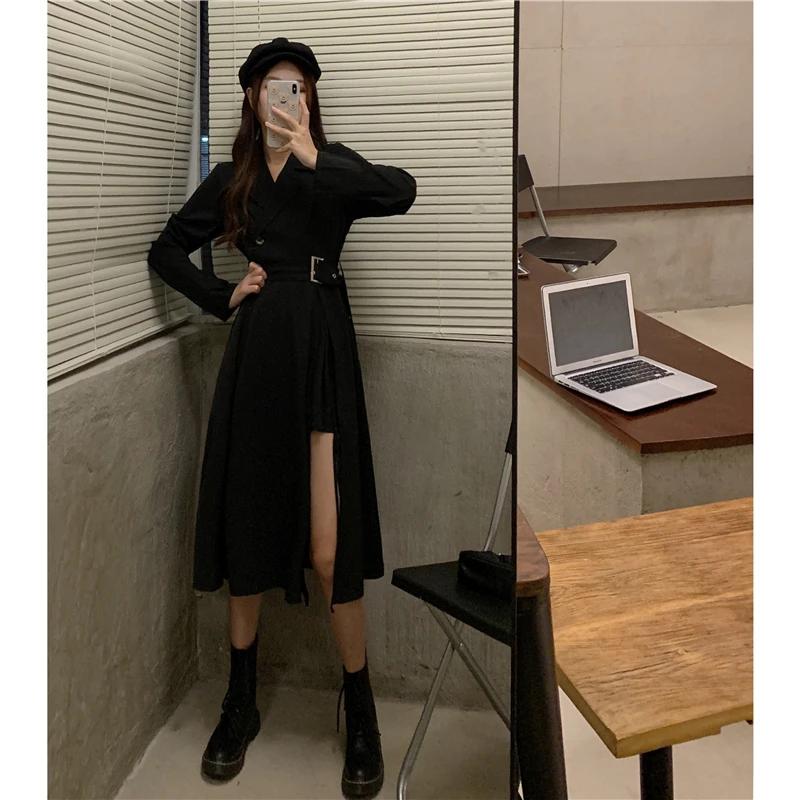 Женское платье осень 2021 Черное длинное тёмное с длинным рукавом для девушек