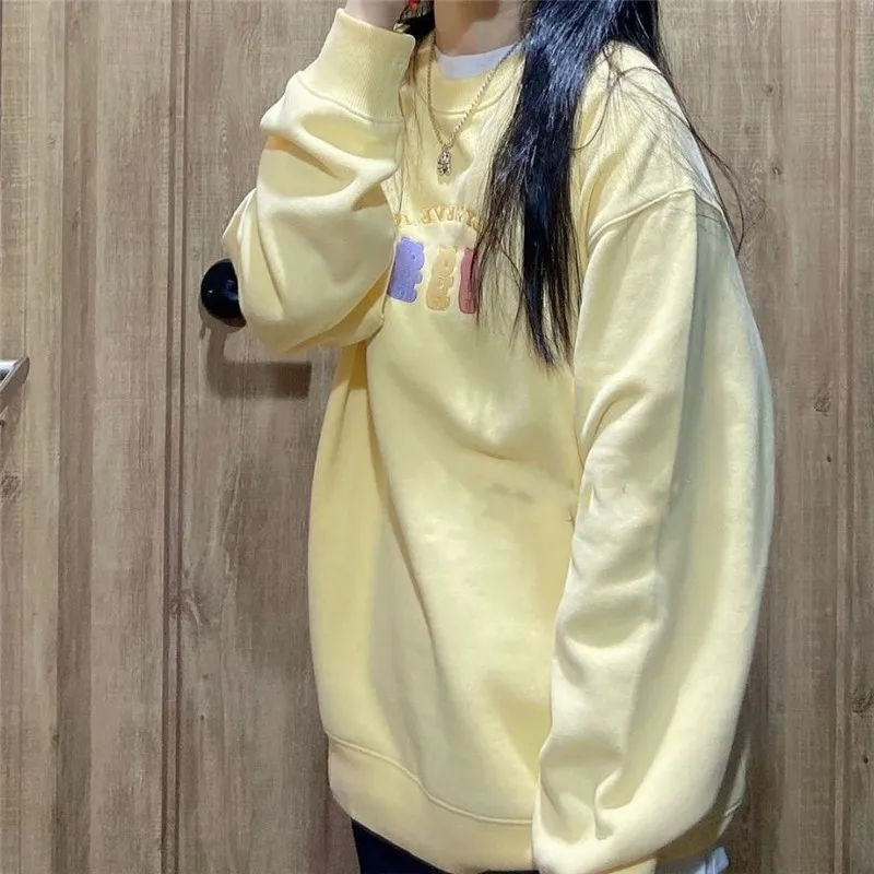 Harajuku Cotton Crew Neck Women Sweatshirt Hoodies Kawaii Clothes Korean Style Autumn Winter Long Sleeve Sweetshirts Oversized