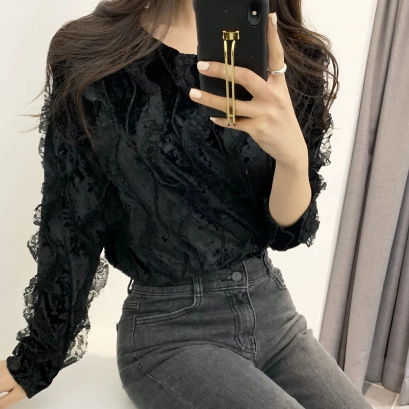 RealShe кружевная женская блузка с круглым вырезом и длинным рукавом однотонная