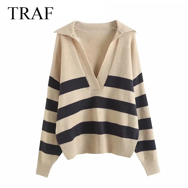 

TRAF ZA Autumn Fashion Sweater Women Clothes Long-Sleeved Pullover Vintage Loose Striped Casual V-Neck Sweater Minimalist Lady