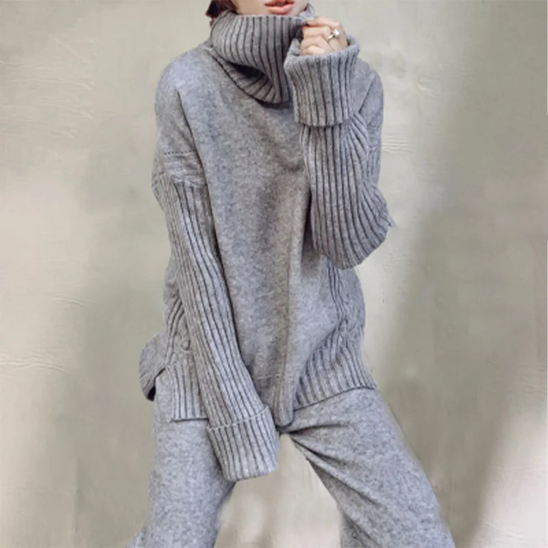 

2021 Winter Knitted Loose Two-piece Set Women Turtleneck Sweaters+Wide Leg Pants Female Autumn Fashion Office Lady Knitting Sets