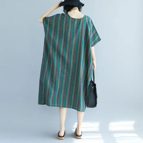 

Literary Dress For Women Striped Ladies Dresses Cotton Hemp Robe Longue Femme Green Vestidos De Fiesta De Noche Vestido Longo