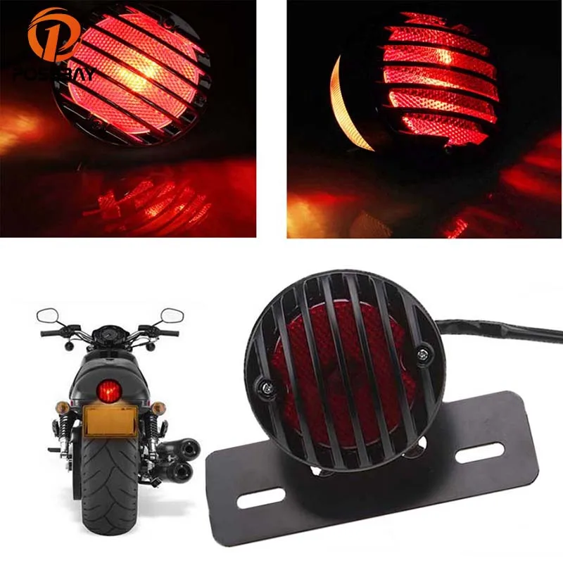 

POSSBAY Motorcycle Taillights with Grill Tail Light License Plate Bracket Red Light Tail Lights Lamp for Harley Davidsion