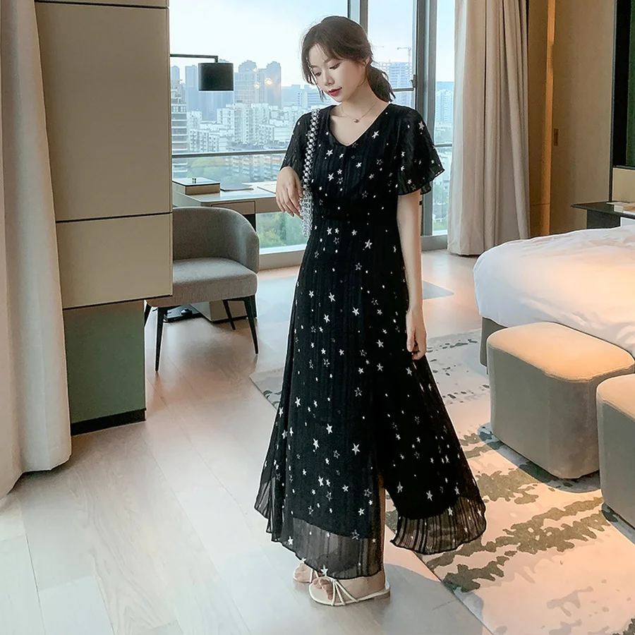 

2022 Summer Stars Print Chiffon Beach Maxi Sundress Vintage Elegant Black Midi Runway Dress Slim Women Casual Chic Party Vestido