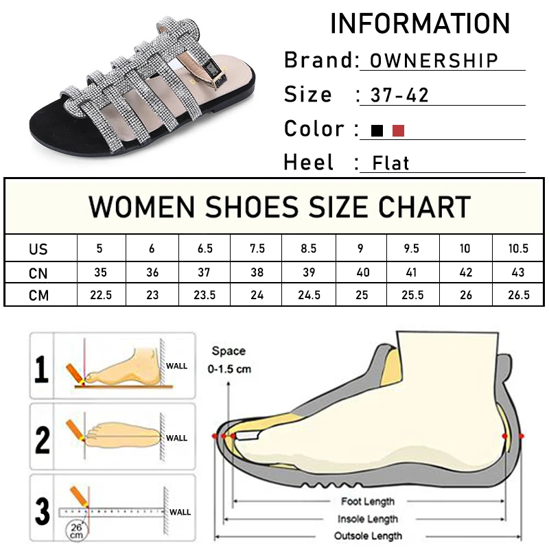 

Women Sandals Woman Fashion Bling Crystal Shoes Female Summer Gladiator Women's Flat Ladies Ankle Buckle Footwear Plus Size 42